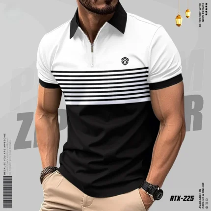 Half Zipper White & Black Contrast Polo Shirt