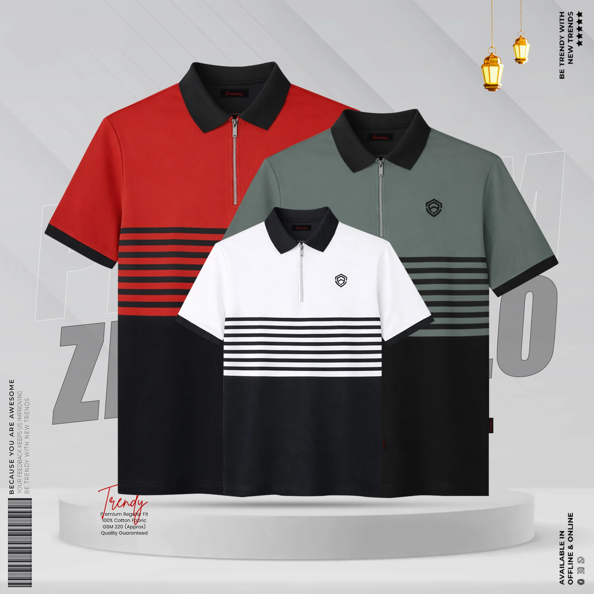 ATX-224-225-226 (1) Half Zipper Contrast Polo Shirt Combo - Image 1