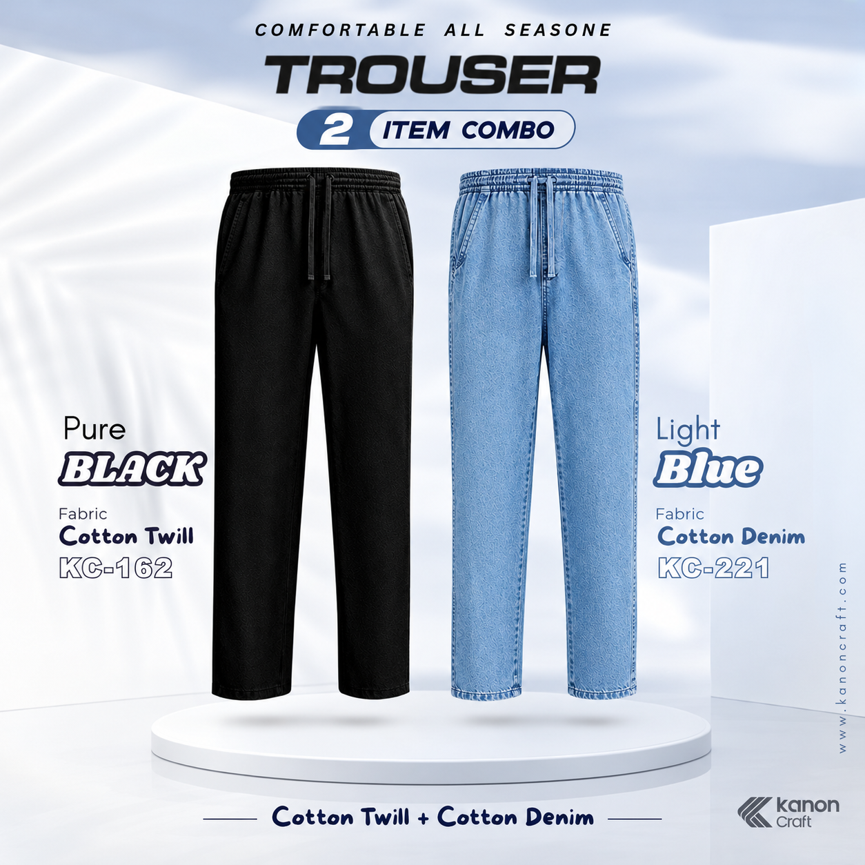 Comfortable Trouser Combo Poster Premium Cotton Trouser Combo - (Black + Light Blue) - KC-162/221 - Image 1