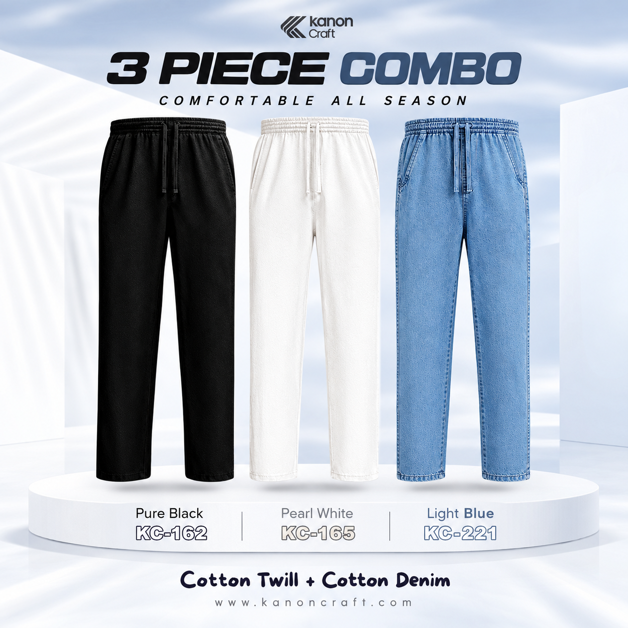 Kanon Craft 3-Piece Trousers Combo Premium Cotton Trouser Combo of 3 - (Black + White + Light Blue) - KC-162/165/221 - Image 1